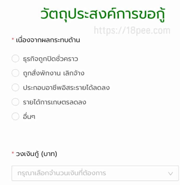 ป้อนวัตถุประสงค์การขอสินเชื่อสู้ภัยโควิด - 19